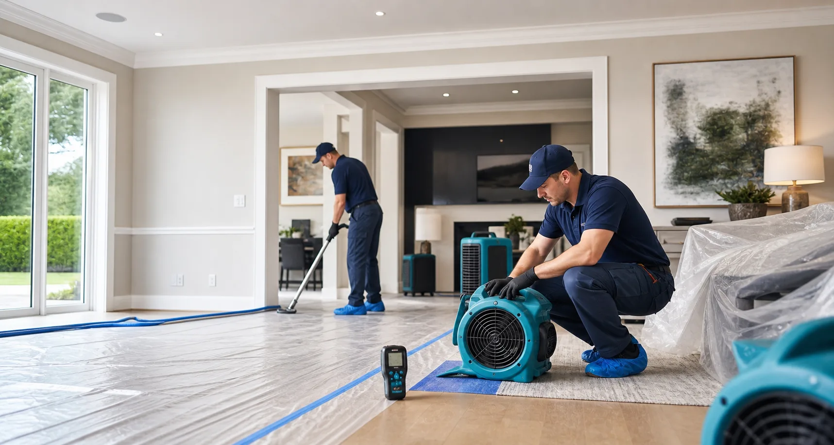Water restoration crew setting drying equipment inside a refined Westside Los Angeles home