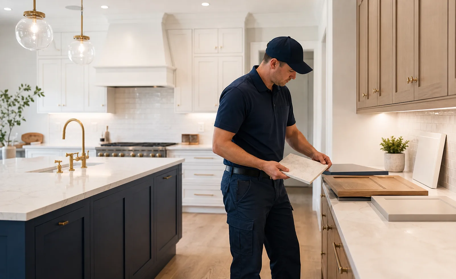 High-end residential remodeling work in a bright kitchen and living space