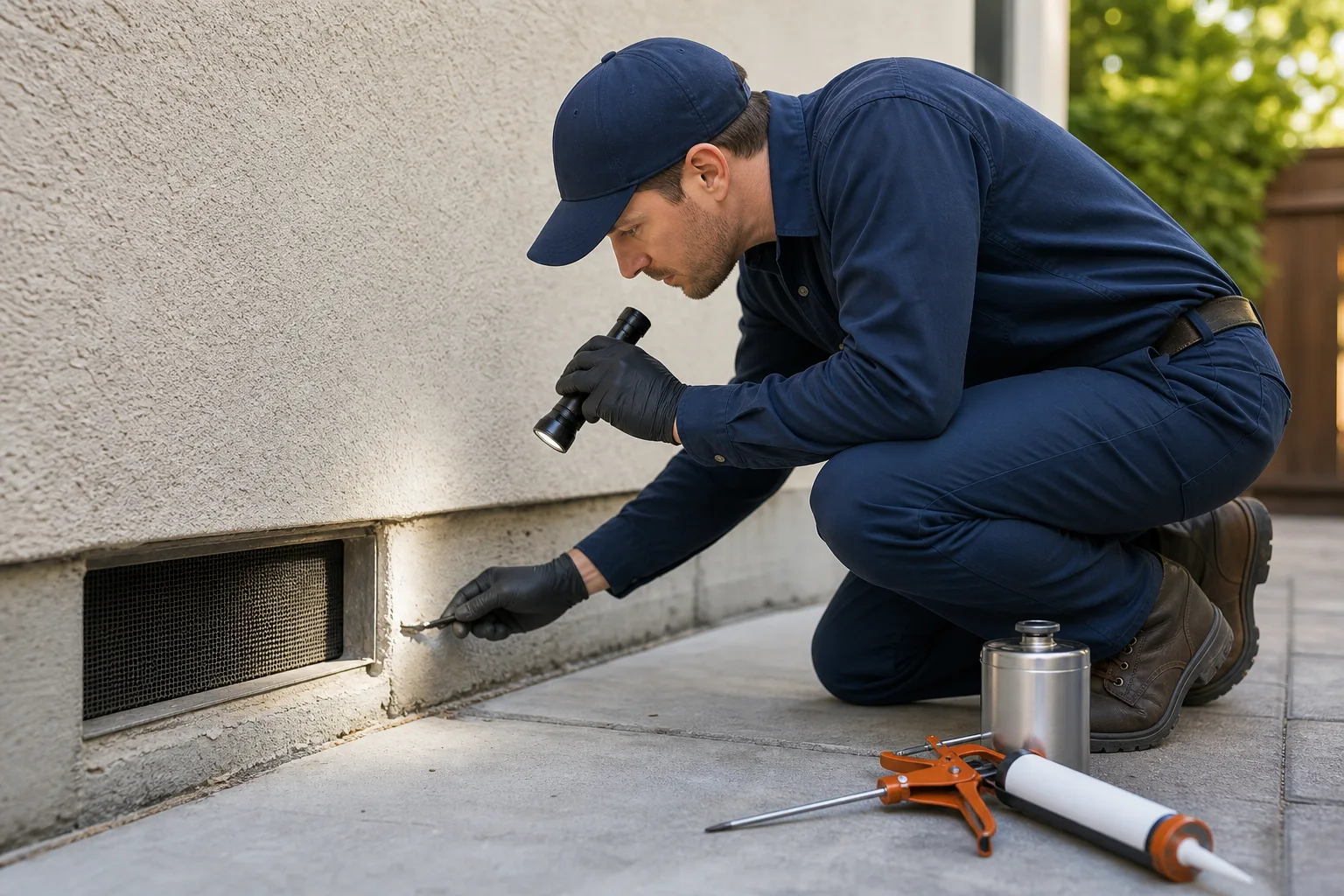 Clean residential inspection for rat and mouse entry points near a home exterior